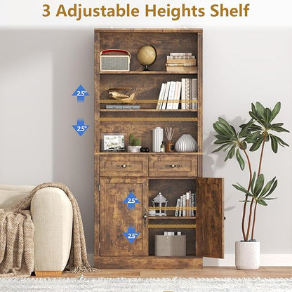 72'' Tall Bookcase with Doors and Drawers, Adjustable Shelves, P2 MDF Construction, 32'' Wide Freestanding Cabinet with Metal Handles, Hidden Storage for Living Room, Bedroom, Brown