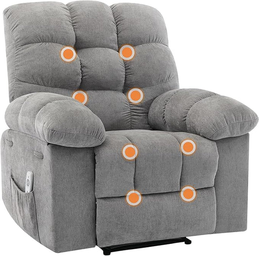 Recliner Rocking Chair with Massage and Heat, Wide Overstuffed Ergonomic Fabric Recliner with Breathable Upholstery, 2 Side Pockets & Remote Control for Living Room or Bedroom