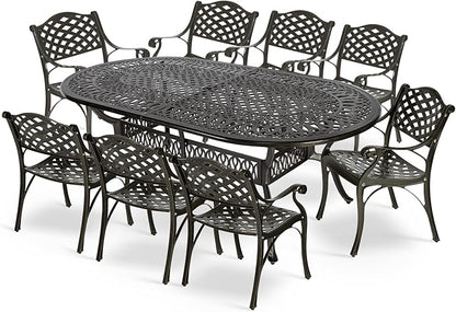 MEETWARM 9-Piece Outdoor Patio Dining Set, 8 Outdoor Dining Chairs and 1 Oval Table with 2" Umbrella Hole, All Weather Cast Aluminum Patio Funiture Set for Backyard, Garden, Patio