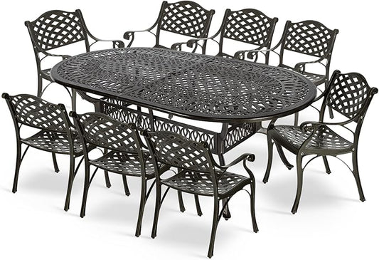MEETWARM 9-Piece Outdoor Patio Dining Set, 8 Outdoor Dining Chairs and 1 Oval Table with 2" Umbrella Hole, All Weather Cast Aluminum Patio Funiture Set for Backyard, Garden, Patio