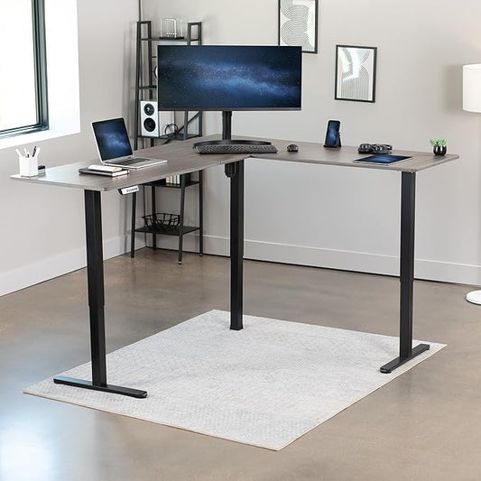 VIVO Corner Standing Desk, 75 x 63 inch Reversible L-Shaped Workstation, Electric Height Adjustment, Home, Office, and Reception Rooms, Dark Gray Table Top Black Frame, DESK-E3CTG-75
