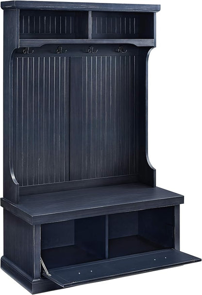 Crosley Furniture Seaside Hall Tree with Shoe Rack Bench and Coat Hooks for Hanging Storage, Distressed Navy