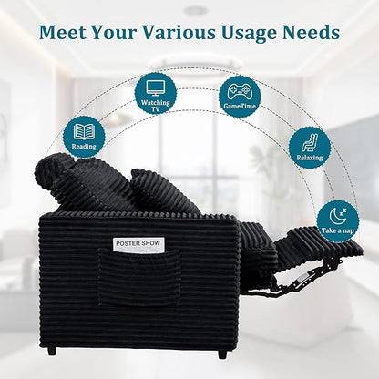 ORRD Power Reclining Sectional Sofa, Electric 3 Seat Recliner with 3 Electric Footrest and Adjustable Headrest, Modern Plush Corduroy Fluffy Reclining Sectional with Deep Seat for Living Room-Black