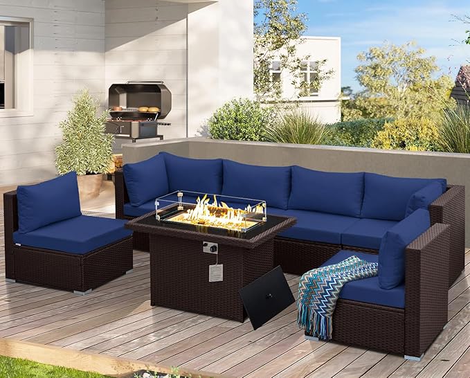 NICESOUL 7 Piece Large Size Patio Sectional Furniture Set with Firepit Propane/Natural Gas, 29.3'' High Back Outdoor Sofa Conversation Couch, Tall Wide Deep Sitting, Brown Rattan and Navy Cushion