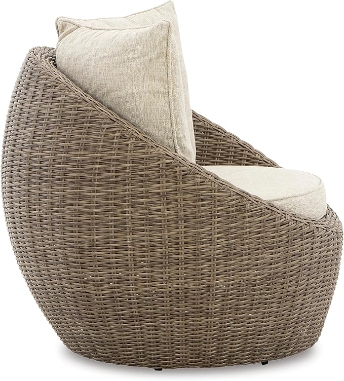 Signature Design by Ashley Danson Outdoor Lounge Chair with Cushion and 360-Degree Swivel, Set of 2, UV-Resistant Performance Fabric and Resin Wicker, Light Brown