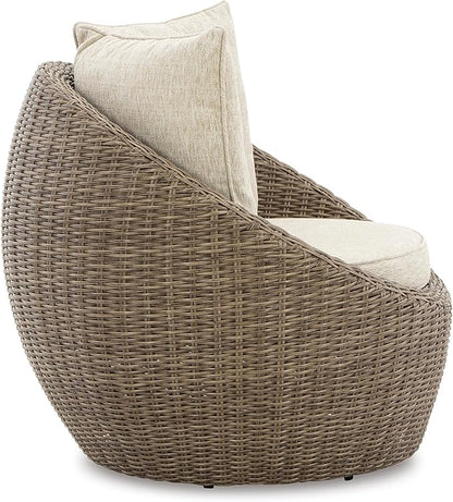 Signature Design by Ashley Danson Outdoor Lounge Chair with Cushion and 360-Degree Swivel, Set of 2, UV-Resistant Performance Fabric and Resin Wicker, Light Brown