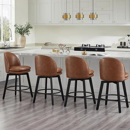 Counter Height Barstools 26 inch Upholstered Swivel Bar Stools with Back and Wood Legs for Kitchen Island,Set of 4,Brown PU Leather-Armless