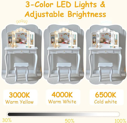 Kids Vanity, Little Girls Vanity Set with Stool and Light, 2 in 1 Wooden Kids Vanity Table and Chair Set, Princess Makeup Table with Drawer for Girls