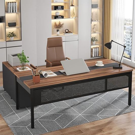 Tribesigns 71 inch Executive Desk, L Shaped Desk with Mobile File Cabinet, Executive Office Table with 2 Drawers and Storage Shelves, Business Furniture Workstation for Home Office, Walnut and Black