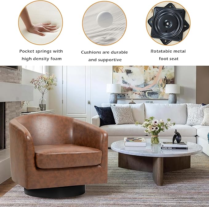 Lumibee Swivel Accent Chair, Faux Leather Swivel Barrel Chair for Living Room, Modern Comfy Upholstered Round Armchair Single Sofa Chair for Bedroom, Club-Coffee