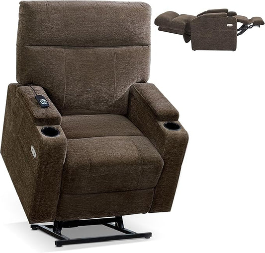 MCombo Lay Flat Dual Motor Power Lift Recliner Chair with Massage & Dual Heating, Arm Storage, Extended Footrest, USB A/C Ports & Cup Holders, Infinite Position for Elderly, Fabric LC002 (Brown)