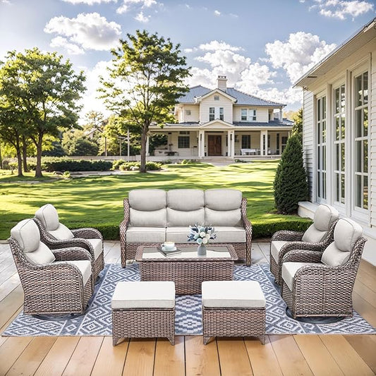 HUMMUH 8 Pieces Wicker Patio Furniture Set with Patio Swivel Chairs Set of 4,High Back Outdoor Sofa Coffee Table Ottomans,6 Inch Thick Cushions Outdoor Conversation Set for Porch, Balcony, Deck