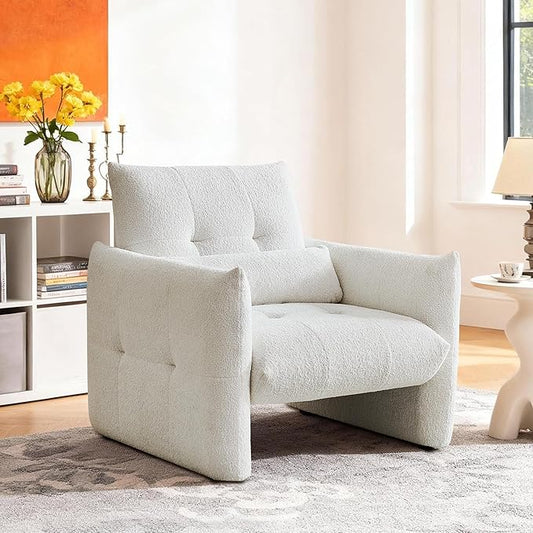 33.9" Accent Chairs, Modern Upgrade Sherpa Fabric Arm Chair Comfy Upholstered Armchair Leisure Single Sofa Chair with a Waist Pillow for Bedroom, Office and Living Room