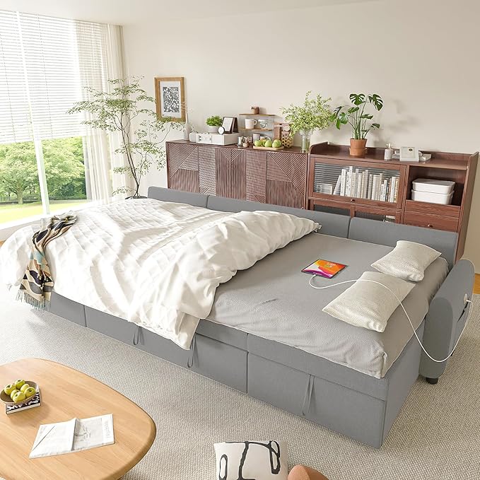 Ucloveria Sleeper Sofa Bed, 112" U Shaped Sectional Sofa Couches for Living Room, Pull Out Couch Bed with Dual Reversible Storage Chaise | Charging Station | Side Pockets | Removable Backrest