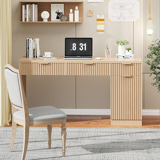 60" Executive Desk with Fluted Drawers, Wood Home Office Desk with Storage Cabinet, Charging Station, Fluted Computer Writing Desk for Study, Living Room.