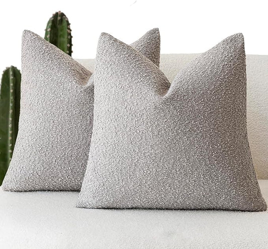 Foindtower Pack of 2 Textured Boucle Throw Pillow Covers Accent Solid Decorative Pillow Cases Cozy Woven Couch Cushion Case for Sofa Bedroom Living Room Home Decor, 18 x 18 Inch,Neutral Grey