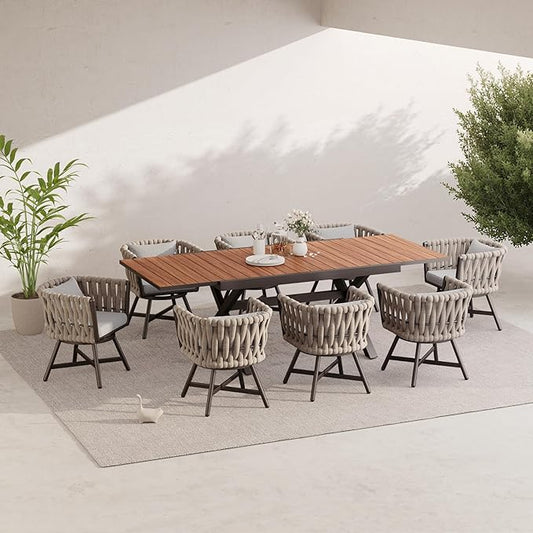 Grand patio 9-Piece Outdoor Dining Set for 8, Patio Dining Furniture Set for 8 Swivel Rope Wicker Chairs & 1 Extendable Rectangular Dining Table, Light Gray Brown