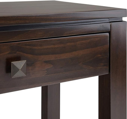SIMPLIHOME Cosmopolitan Console Table - 60 Inch Wide Solid Wood Sofa Table in Mahogany Brown, Contemporary Storage Table for Entryway or Living Room with 3 Drawers, Square-Edged Top, and Tapered Legs