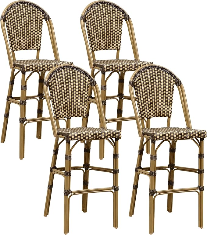 PURPLE LEAF French Bar Stool Set of 4 Bamboo Print Finish Patio Bar Stools with Back Rattan Chairs Wicker Bar Height Stool 30" with Footrest Kitchen Island Stools Outdoor Barstool Brown