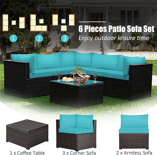 Tangkula 6 Pieces Patio Furniture Set, Outdoor Rattan Sofa Set, Wicker Conversation Set w/Tempered Glass Coffee Table & Cushions, Sectional Sofa Set for Backyard, Garden, Balcony, Poolside