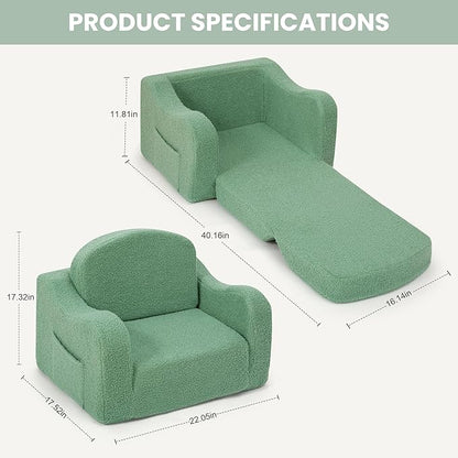 Comfy Toddler Chair & Kids, 2-in-1 Soft Couch Fold Out for Kids, Toddler Chairs Comfy 1-3 Years Old, Convertible Plush Sofa to Lounger for Girls and Boys, Green