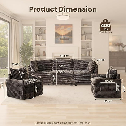 98" Modular Sectional Sofa with Swivel Chairs, Modern Cloud Couch Plush Corduroy 3 Seater Deep Seat Sofas Set & Accent Armchair Set of 2 for Living Room, Gray