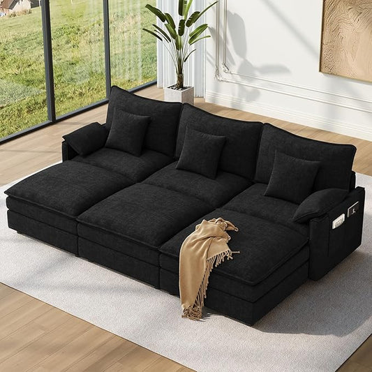 Vesgantti 108" Sectional Sleeper Sofa, 6-Seater Oversized Modular Cloud Couch with Movable Ottoman, Chenille Large Sofa Bed Convertible Deep Seat Couches for Living Room, Bedroom and Apartment, Black