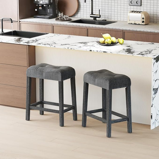 COSTWAY Wooden Saddle Stools Set of 2, 24-inch Counter Height Upholstered Backless Bar Stools with Solid Rubber Wood Legs, Padded Seat, Farmhouse Dining Chairs for Kitchen Island, Cafe, Grey