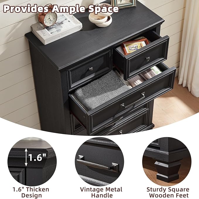 Farmhouse Bedroom Dresser and Nightstand Set of 4, 6 Drawer Tall & Low Dresser & 2 Drawer Nightstand Set, Rustic Wood Bedroom Furniture Set for Livingroom, Hallway, Black
