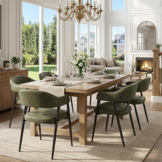 HNY Modern Dining Room Arm Chairs Set of 6, Green Retro Faux Leather Upholstered Barrel Dining Chairs with Arms Mid-Century Accent Chair with Metal Legs, Open-Back Kitchen Side Chairs for Living Room