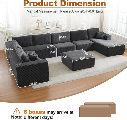 Modular Sectional Cloud Couch for Living Room,Modern Boneless Couche Set with Plush Corduroy,Comfy Floor Sofa with Memory Foam,Stupendous U Shaped Sofa with Ottoman,No Assembly Required,Grey