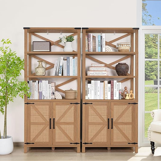 5 Tier Bookshelf 70" Rattan Boho Tall Bookcase with Barn Doors,Farmhouse Display Book Shelf with Adjustable Shelves and Storage Cabinet,Wood Bookshelves for Living Room,Kitchen,Natural (3PCS)