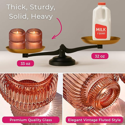 Kate Aspen Rose Gold Taper Candle Holders for Candlesticks Set of 4, Ribbed Glass Candlestick Holders, Votive Candle Holder Decor Accents, Pink Room Styling, Wedding & Home Centerpieces, Table Decor