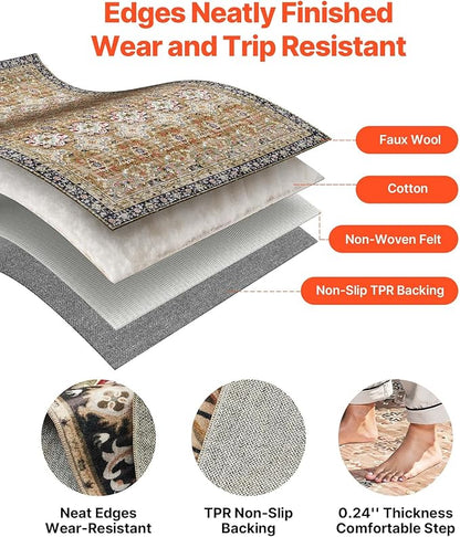VEVOR 9 x 12 ft Area Rug Large Washable Rug Non-Slip and Tear-Resistant Soft Carpet Pet & Child Friendly Vintage Area Rugs Indoor Mat for Bedroom Living Room Kids Room Office Brown Green