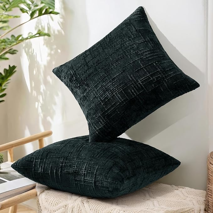 decorUhome Black Chenille Throw Pillow Covers 18x18 Set of 2 Thick Textured Slubby Couch Pillow Covers Farmhouse Accent Modern Neutral Decorative Pillow Cases for Bed Sofa Living Room