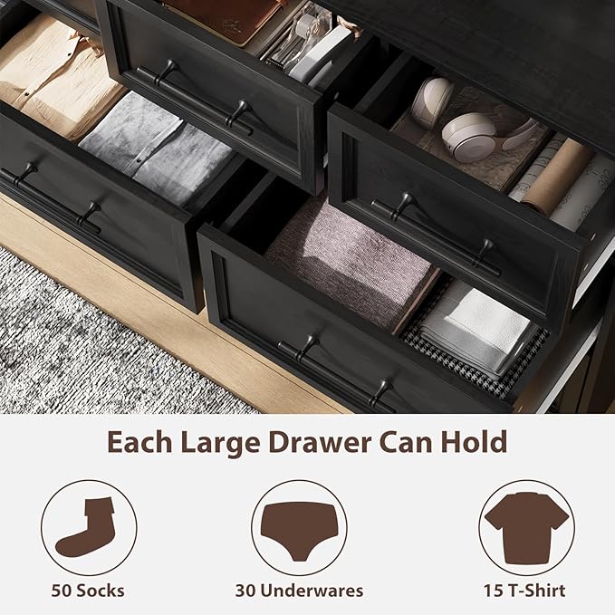 Black Farmhouse Dresser for Bedroom, 59" Wide Chest of Drawers with Brushed Metal Handle, 10 Chest of Drawers, Wood Closet Organizers and Storage Cabinet for Bedroom, Living Room, Hallway