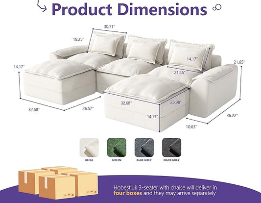 Hobestluk 120" Cloud Modular Sectional Couch 3-Seater Sofa with Ottomans U Shaped Couch Deep Seat Sofa with Removable Cover Large Sofa for Living Room (Beige, 3-Seater Sofa with Two Ottomans)