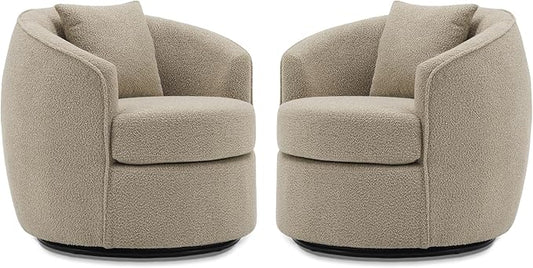 Swivel Accent Chair Set, Modern Upholstered Boucle Barrel Arm Chairs with Pillow for Living Room, 360 Degree Round Swivel Sherpa Armchair with Round Base for Bedroom Club (2, Light Brown)