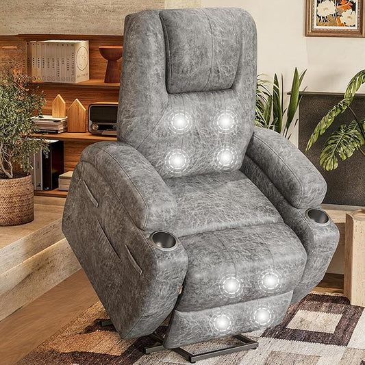 Flamaker Power Lift Recliner Chair Electric Lift Recliner for Elderly Power Lift Recliner Chair with Cup Holders Side Pockets for Living Room (Leathaire, Light Gray)