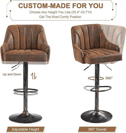 VECELO Bar Stools Set of 2, Adjustable Counter Height Barstools with Back and Arm, Swivel Bar Chair Stools for Kitchen Counter Island Cafe Dining Room, Industrial Style, Brown