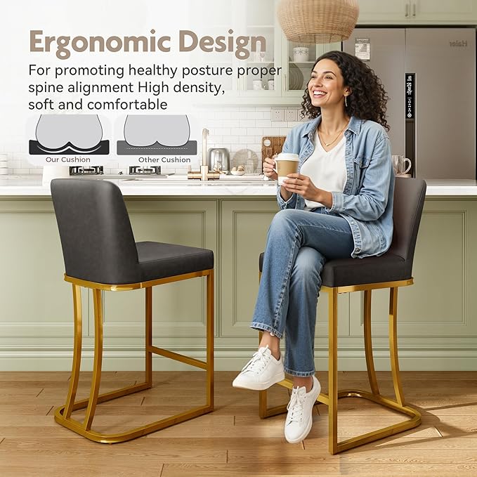 MAISON ARTS Counter Height Bar Stools Set of 3 with Back for Kitchen Counter 24 inch Modern Gold Barstools Upholstered Faux Leather Farmhouse Bar Chairs Island Stools Support 330LBS, Grey+Gold