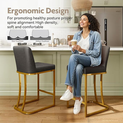 MAISON ARTS Counter Height Bar Stools Set of 3 with Back for Kitchen Counter 24 inch Modern Gold Barstools Upholstered Faux Leather Farmhouse Bar Chairs Island Stools Support 330LBS, Grey+Gold