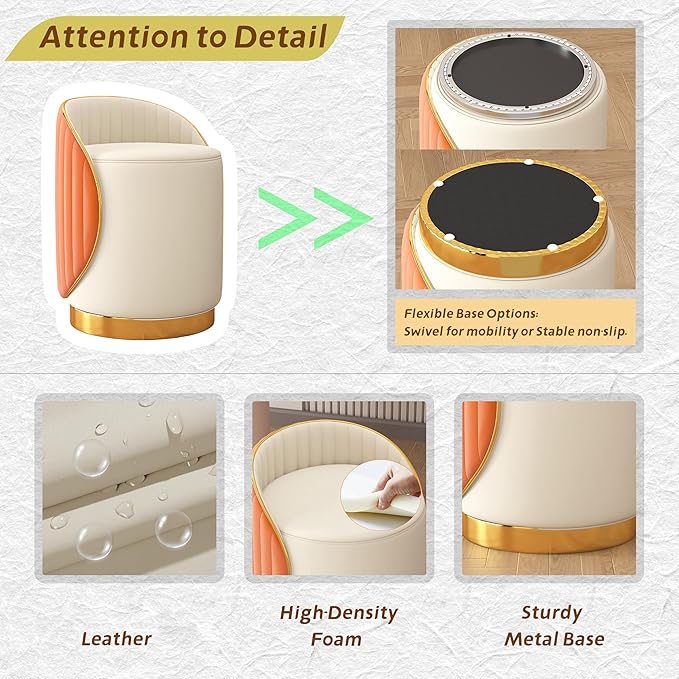 Swivel Round Vanity Stool - with Back Modern Comfy Vanity Chair/upholstered Ottoman Living Room Bedroom Makeup Chair,Orange