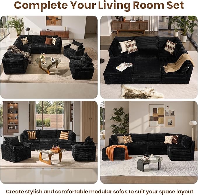 130'' Modern Modular Sectional Sofa with Ottoman, 8 Pieces U Shaped Cloud Couch for Living Room, Oversized Deep Seat Convertible Sofa Set, Plush Corduroy Black