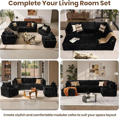 130'' Modern Modular Sectional Sofa with Ottoman, 8 Pieces U Shaped Cloud Couch for Living Room, Oversized Deep Seat Convertible Sofa Set, Plush Corduroy Black