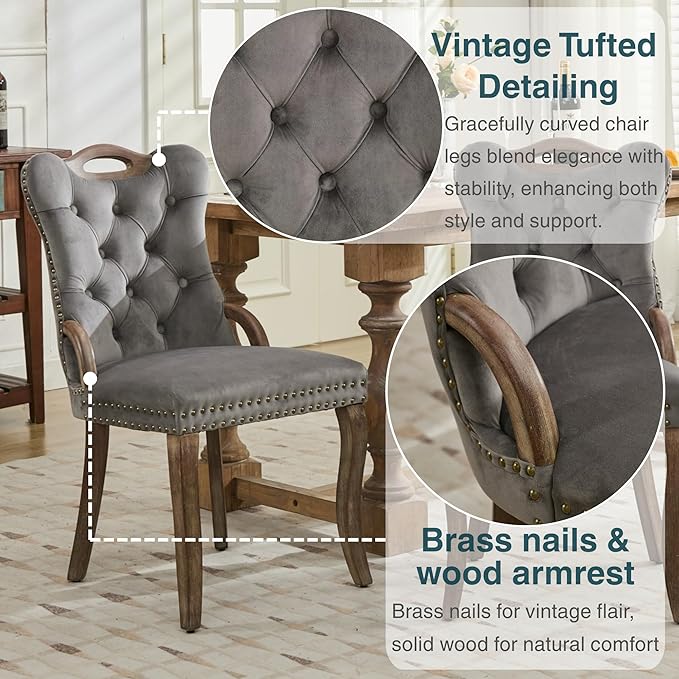 Velvet Dining Chairs Set of 2, Solid Wood Handles, Wooden Upholstered Dining Chair, Vintage Copper Nail Decoration, Mid Century Modern Kitchen Chair (Grey, Set of 2)