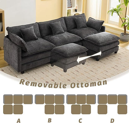 111'' Sectional Cloud Deep Seat Couch, Oversized Chenille U Shaped Sectional Sofa for Living Room Set, Comfy Upholstered Modular 5-Seats Sectional Sofa Couch with 2 Movable Ottoman, Dark Grey