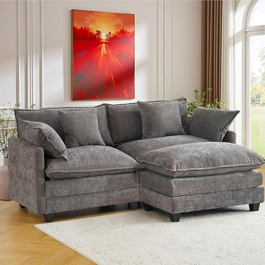 Cloud Chenille L-Shaped Sofa with Ottoman, 77" Space Saving Sectional Loveseat with Chaise, for Small Spaces, Easy Assembly, 1YR Warranty