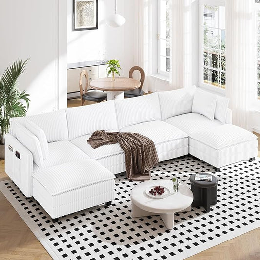 Vesgantti 143" U Shaped Sectional Modular Couch, Comfy Corduroy Upholstered Modular Cloud Sofas for Living Room, Modern Sectional Sofa with 2 Ottoman Deep Seat, Warm White