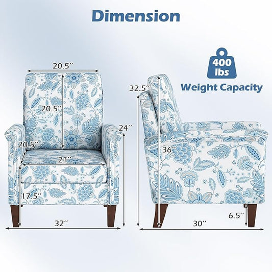 GOFLAME Floral Accent Chairs Set of 2, Comfy Upholstered Armchairs with Rubber Wood Legs and Thick Padded Cushion, High Back Single Sofa Chairs, Reading Side Chairs for Living Room, Bedroom, Blue
